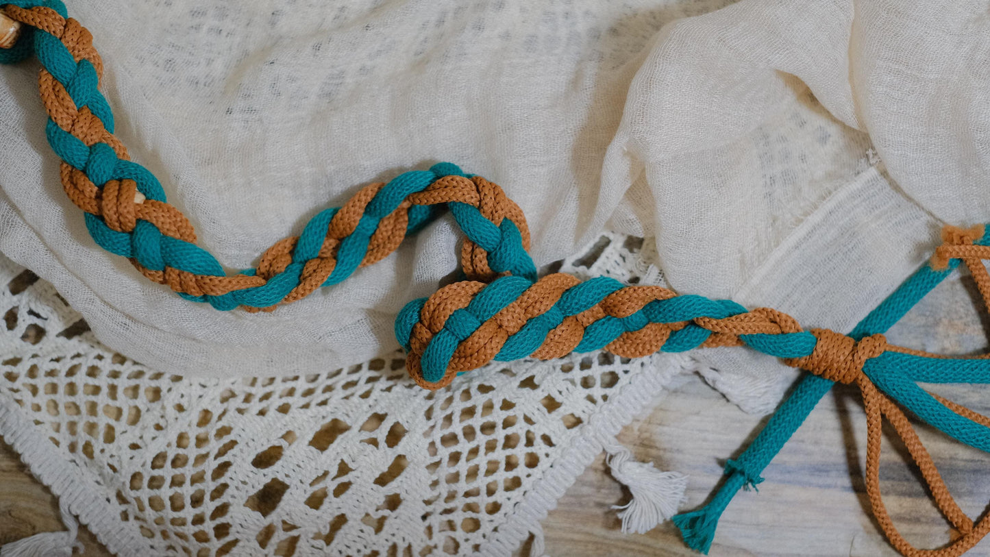 Pre-made Hand Braided Handfasting Cord: Teal & Brown Wooden Accents with Celtic Nine Knots
