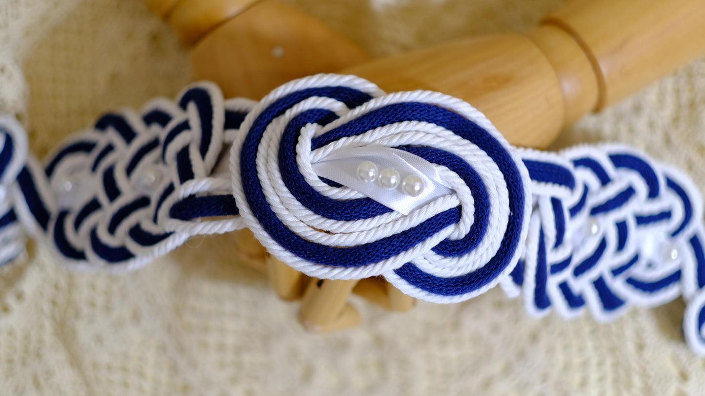 Pre-made Hand Braided Handfasting Cord: Navy and White with Celtic Nine Knots, Pearls