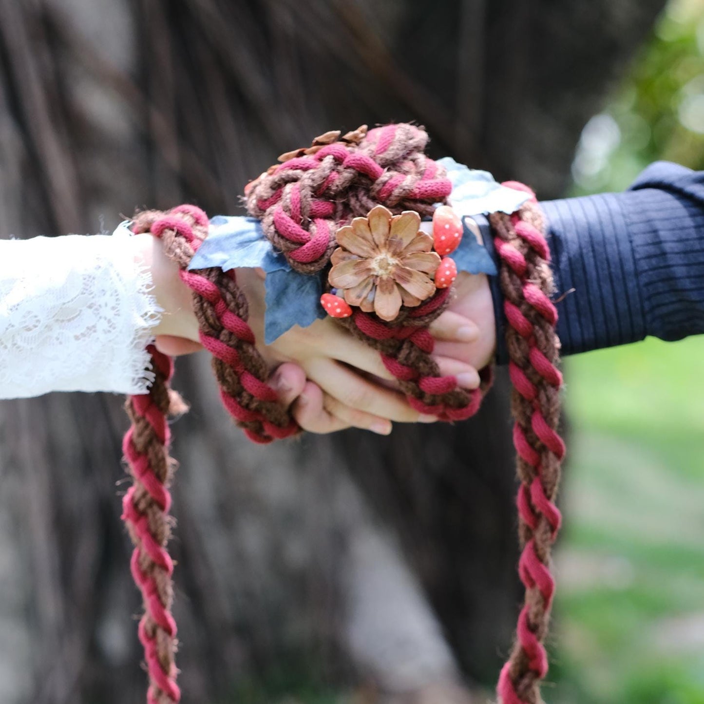 Pre-made Handmade Wedding Handfasting Cord: Red & Brown Braid with wood floral