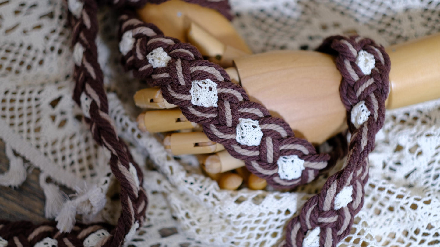 Pre-made Handmade Handfasting Cord: Brown & Beige Braided Rope with Vintage Lace