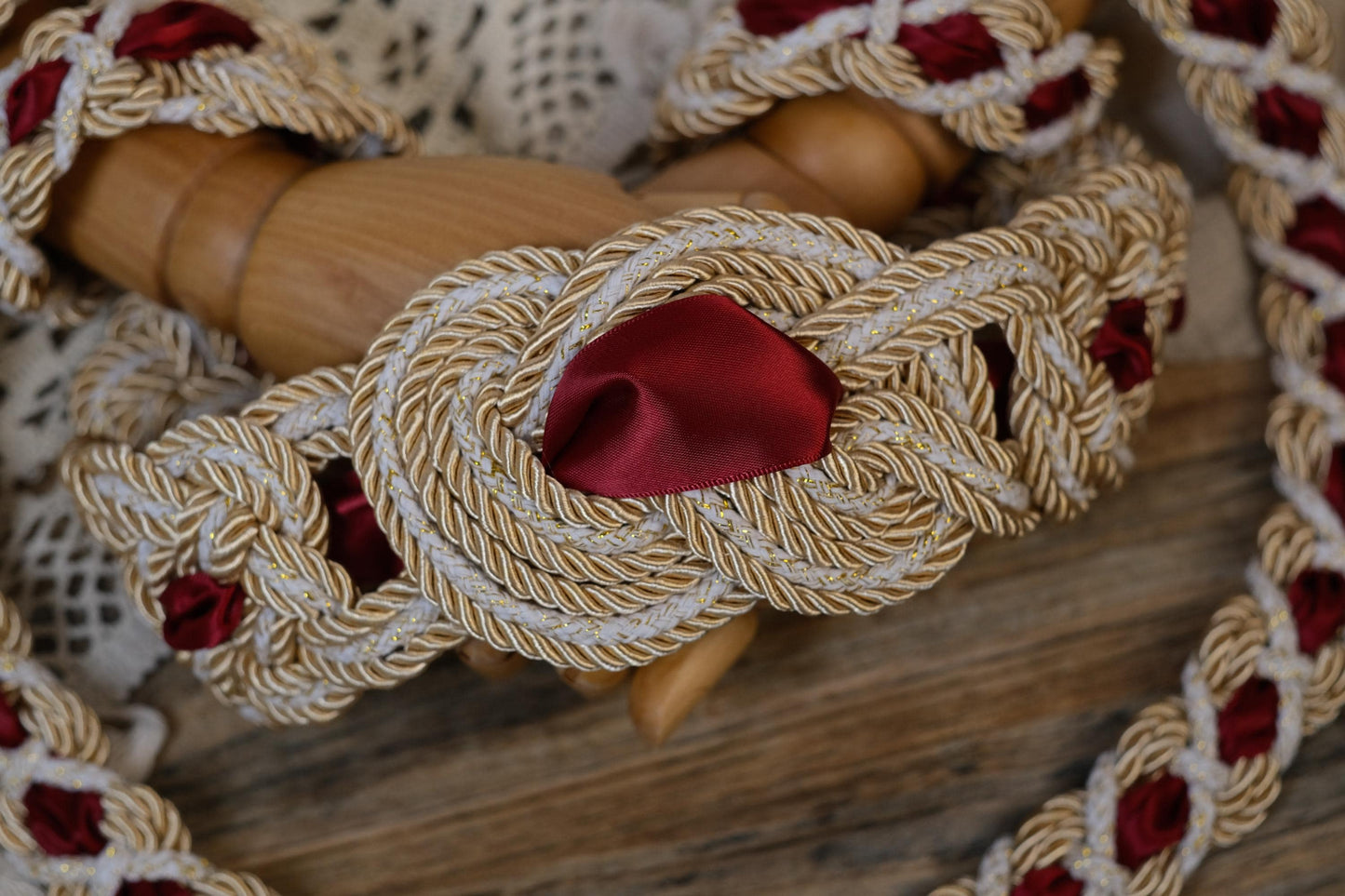 Pre-made Hand Braided Nine Knot Handfasting Cord with Champagne & White with Ruby Red