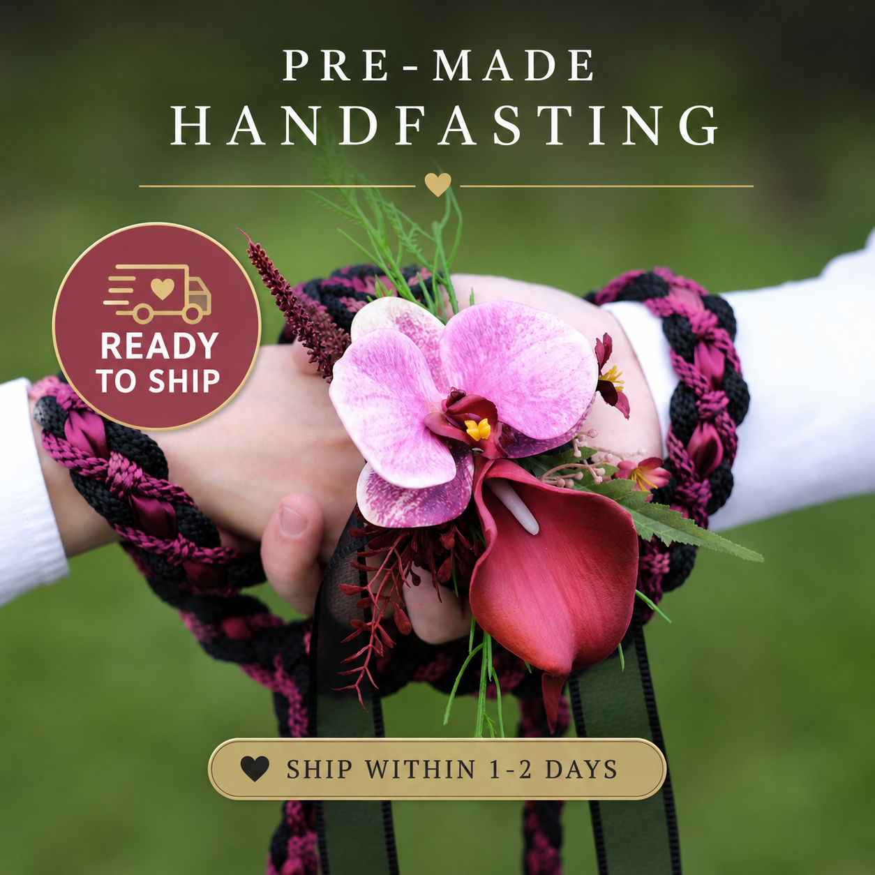 Pre-made Hand Braided Handfasting Cord: Black Burgundy Orchid Celtic Knot Wedding Ritual Tool