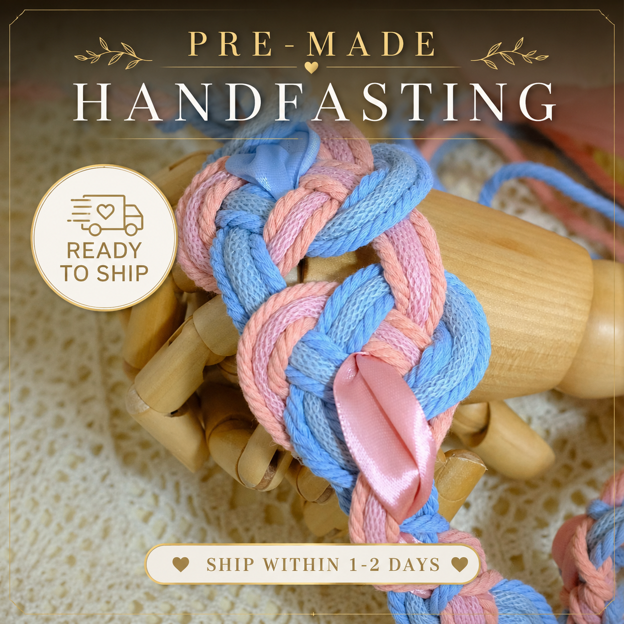Pre-made Hand braided Handfasting Cord, Pink and Blue Satin Ribbon Braid, Celtic Knot