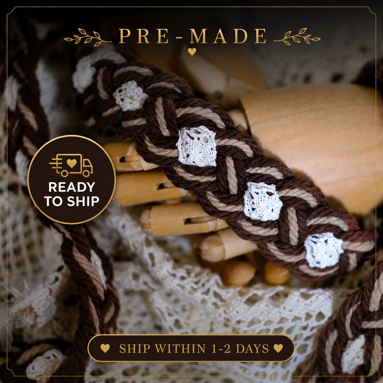 Pre-made Handmade Handfasting Cord: Brown & Beige Braided Rope with Vintage Lace
