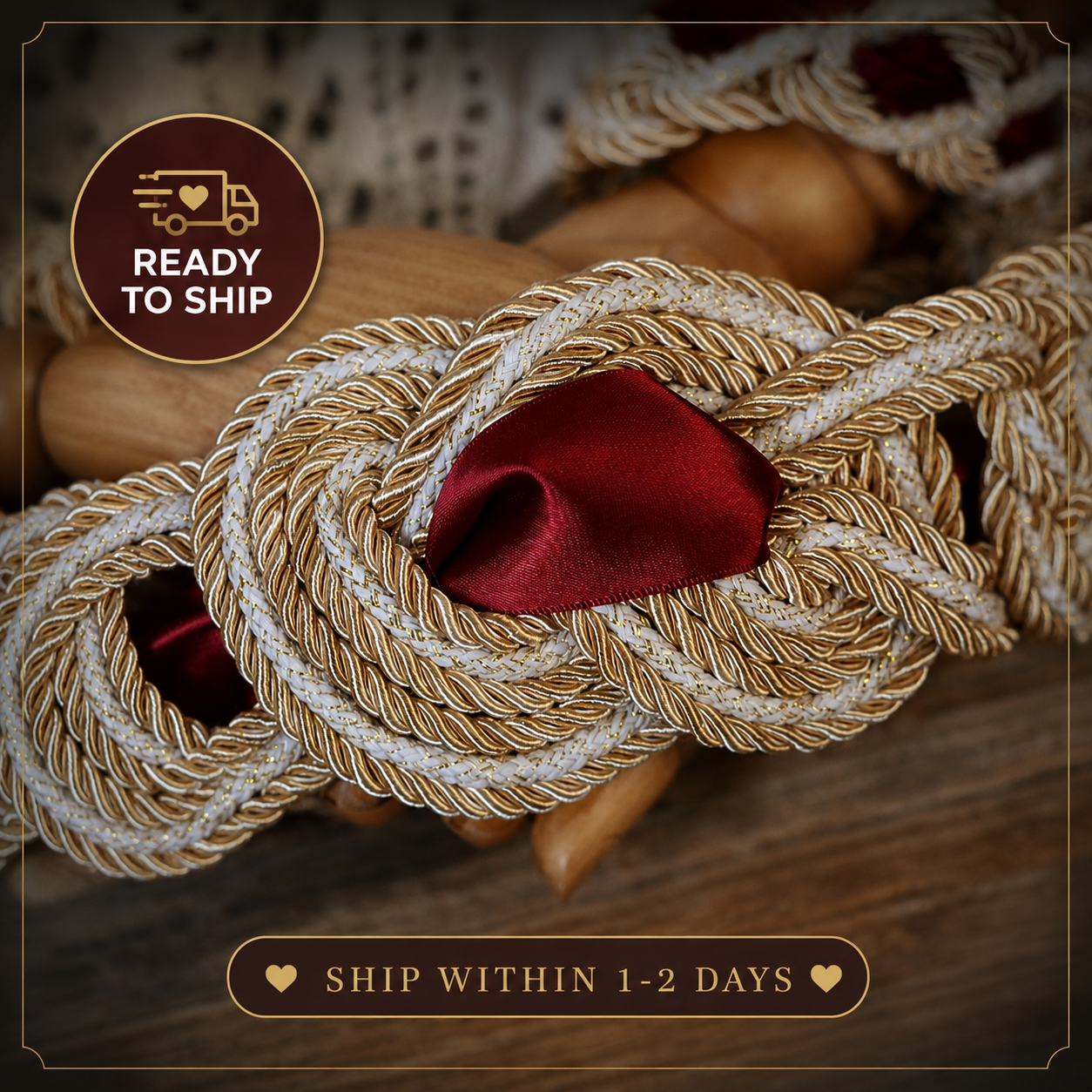Pre-made Hand Braided Nine Knot Handfasting Cord with Champagne & White with Ruby Red