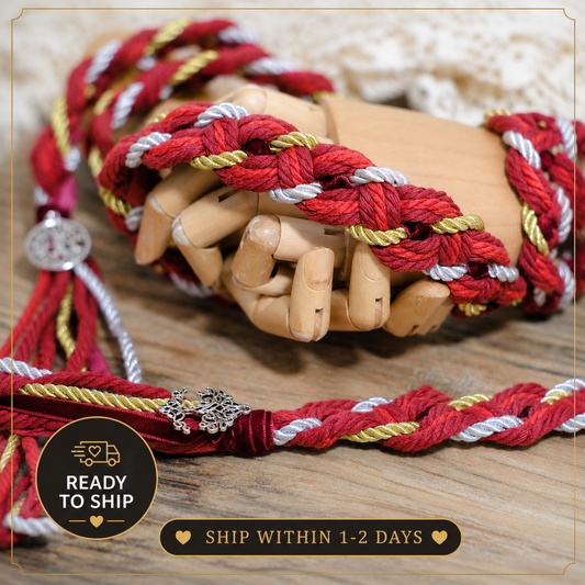 Pre-made Hand braided Handfasting Cord: Red and Gold Ceremony Ribbon