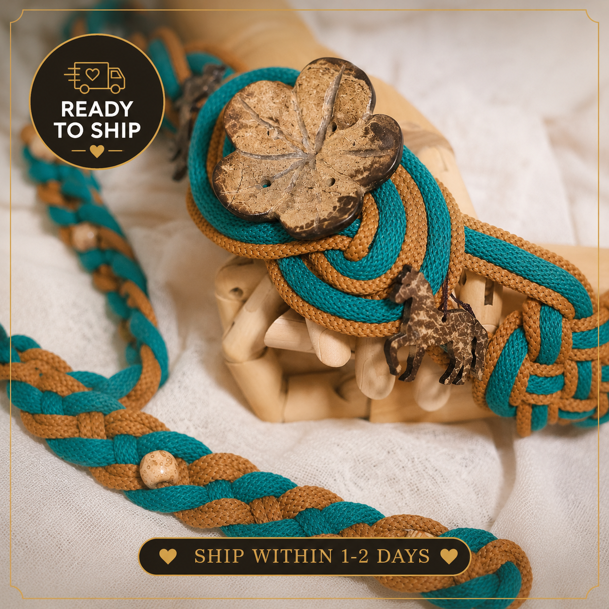 Pre-made Hand Braided Handfasting Cord: Teal & Brown Wooden Accents with Celtic Nine Knots