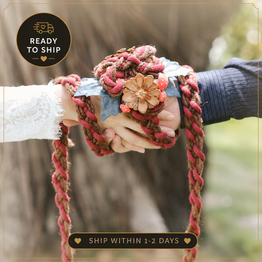 Pre-made Handmade Wedding Handfasting Cord: Red & Brown Braid with wood floral