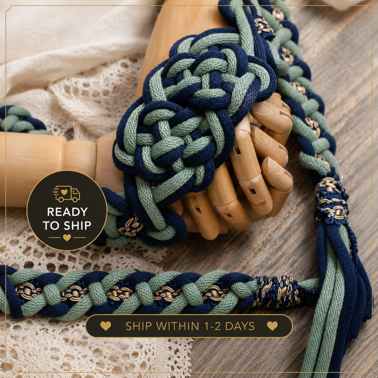 Pre-made Hand Braided Handfasting Cord:  Green and Navy with Square Knots Center knot,