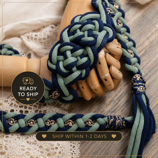 Pre-made Hand Braided Handfasting Cord:  Green and Navy with Square Knots Center knot,