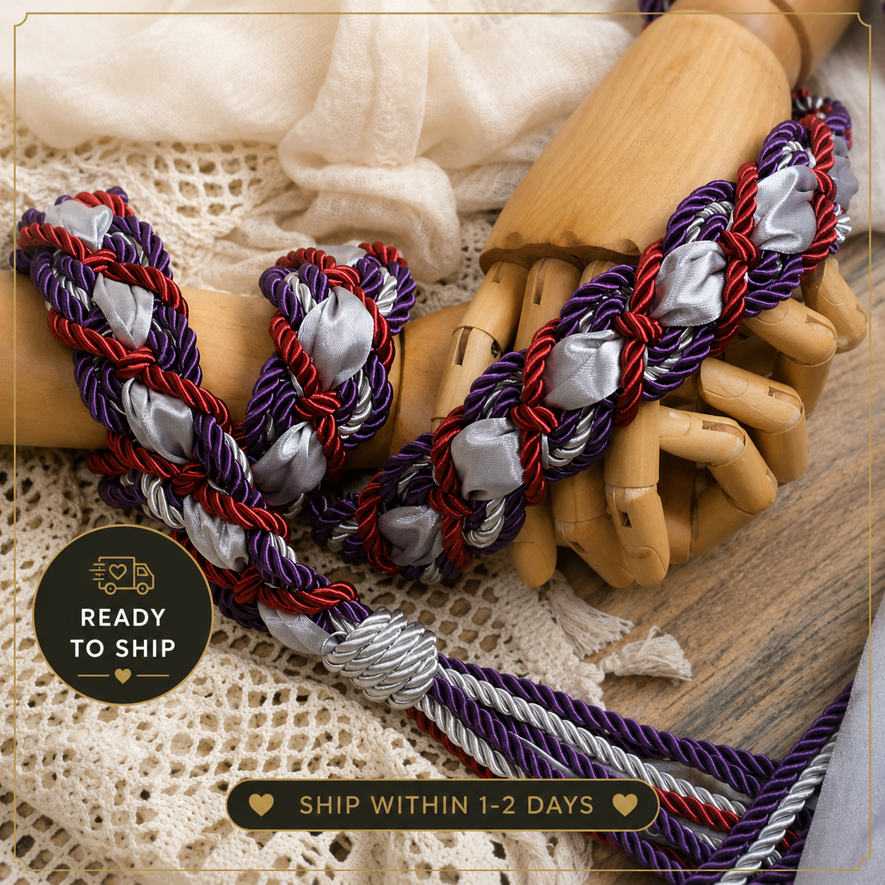 Pre-made Hand braided Handfasting Cord: Red and Purple Ceremony Ribbon