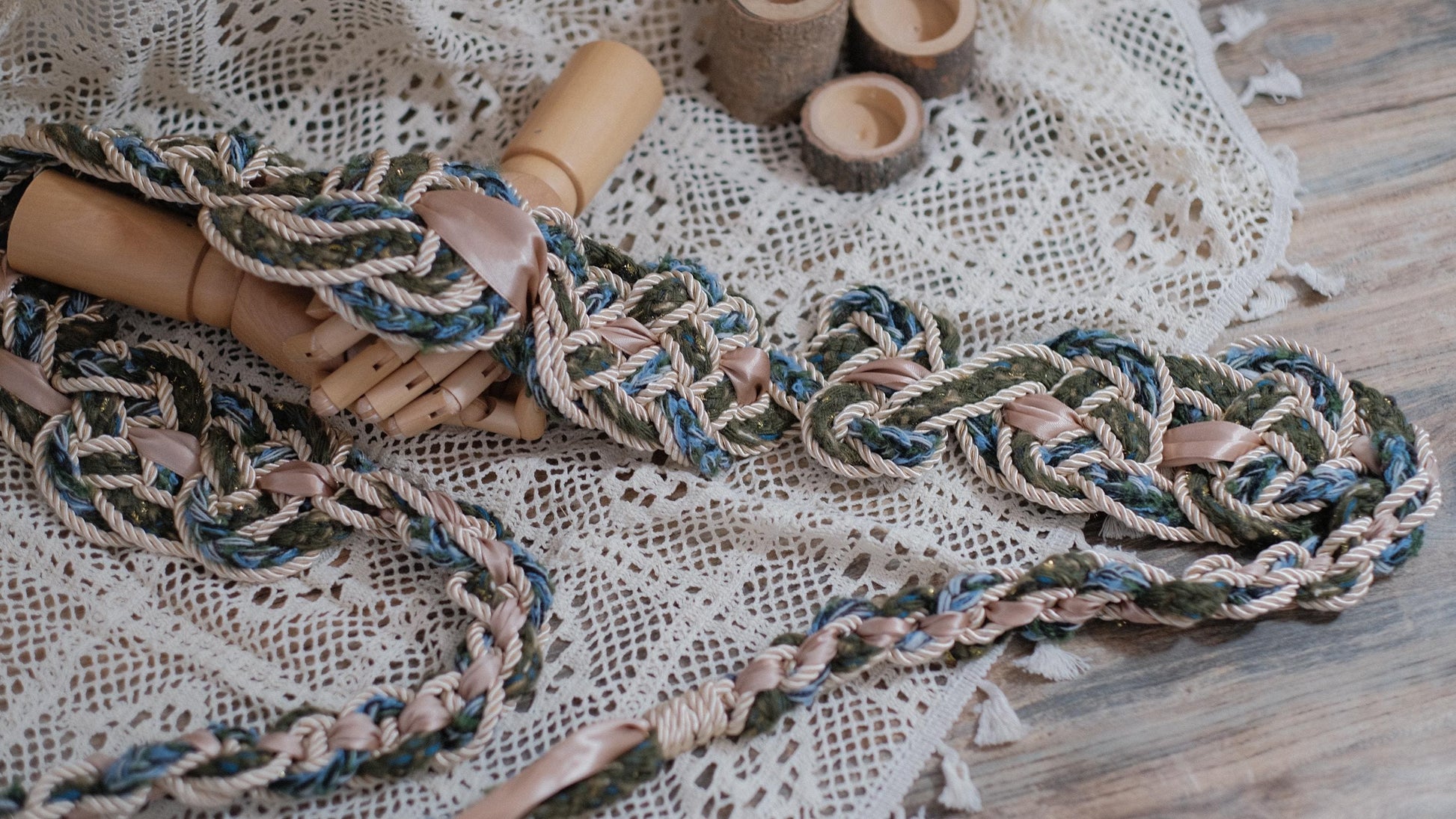 Custom braided Handfasting Cord: Green Blue Yarn & Light Gold Rope – Customizable Colors
