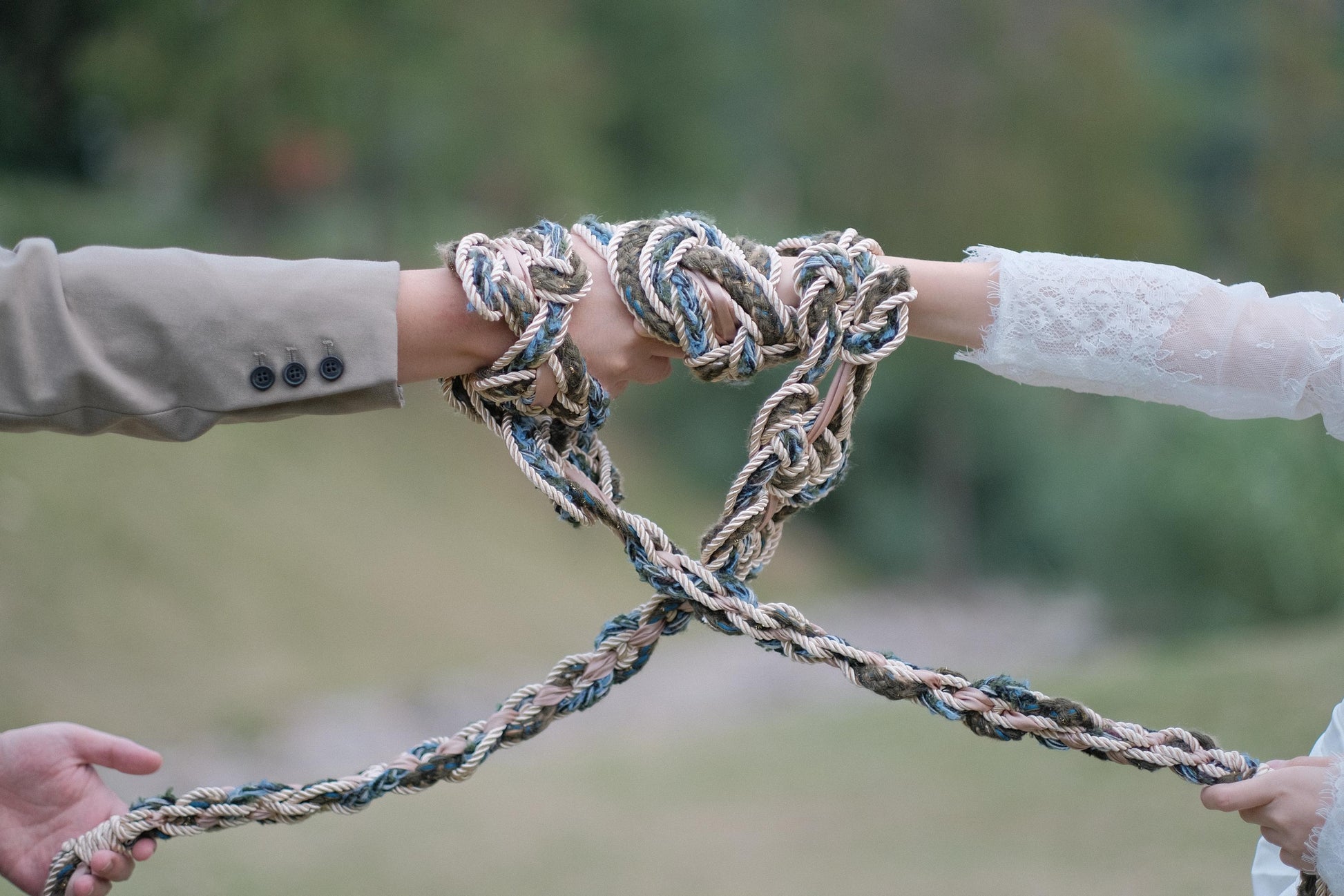 Custom braided Handfasting Cord: Green Blue Yarn & Light Gold Rope – Customizable Colors