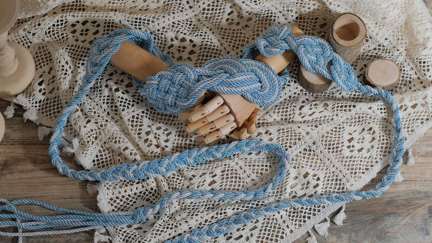Custom braided Handfasting Cord: Silver & Light Blue with Celtic Nine Knots – Customizable Colors