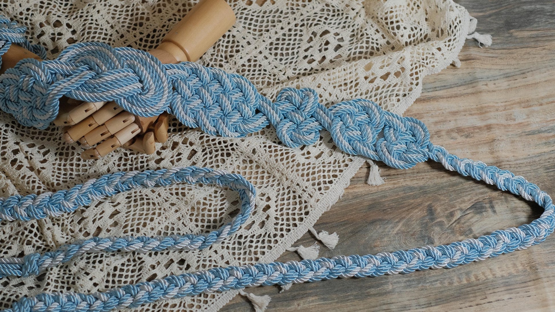 Custom braided Handfasting Cord: Silver & Light Blue with Celtic Nine Knots – Customizable Colors