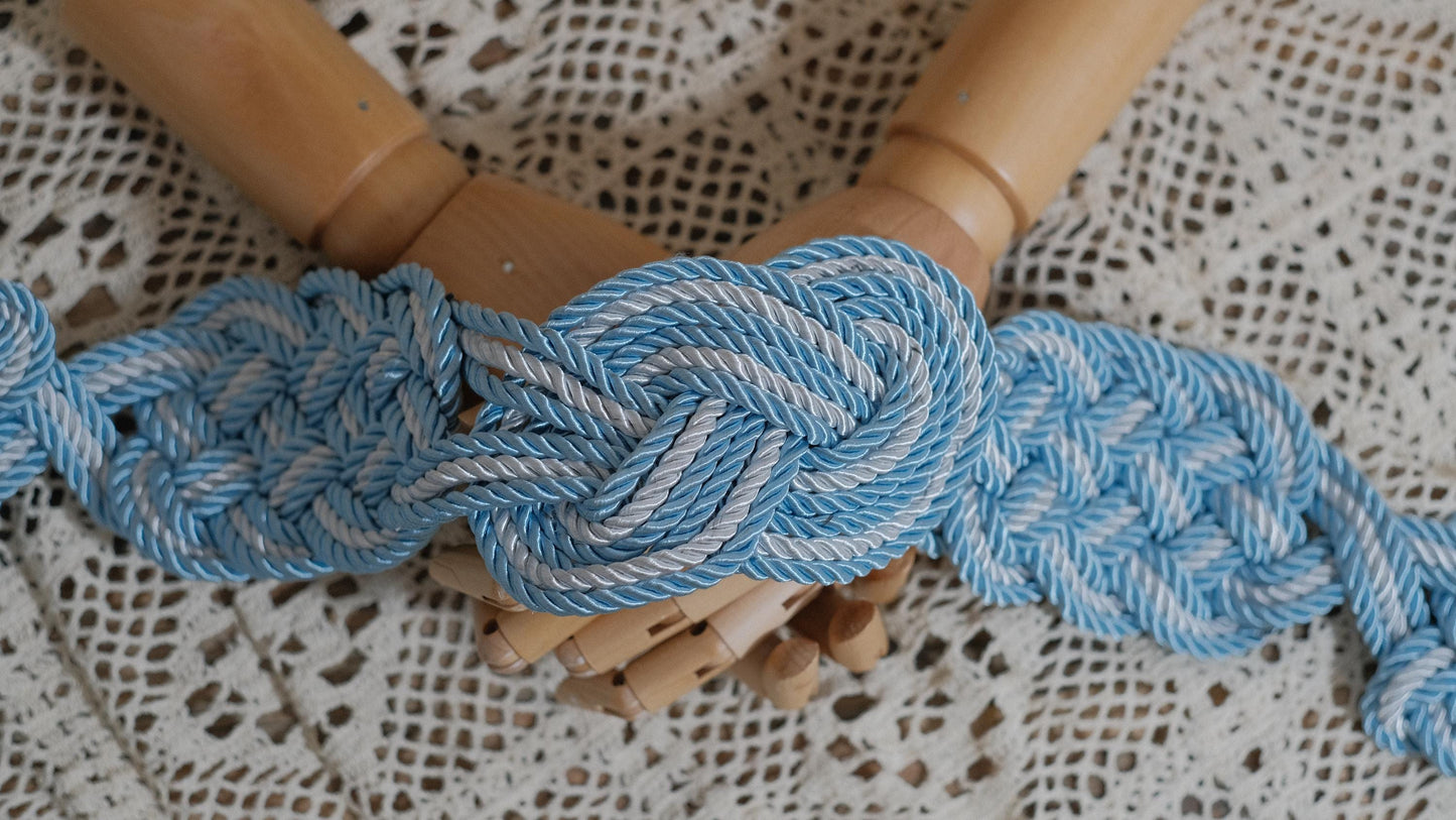 Custom braided Handfasting Cord: Silver & Light Blue with Celtic Nine Knots – Customizable Colors