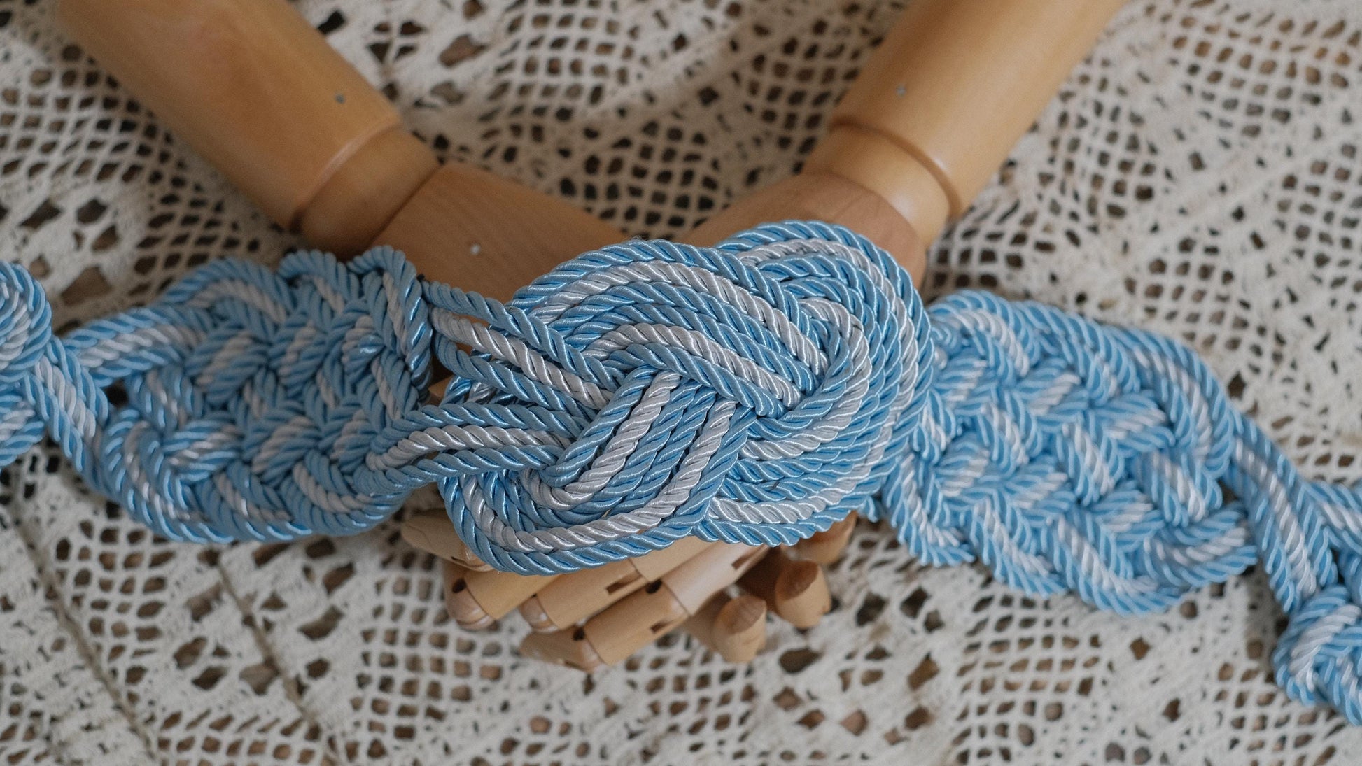 Custom braided Handfasting Cord: Silver & Light Blue with Celtic Nine Knots – Customizable Colors