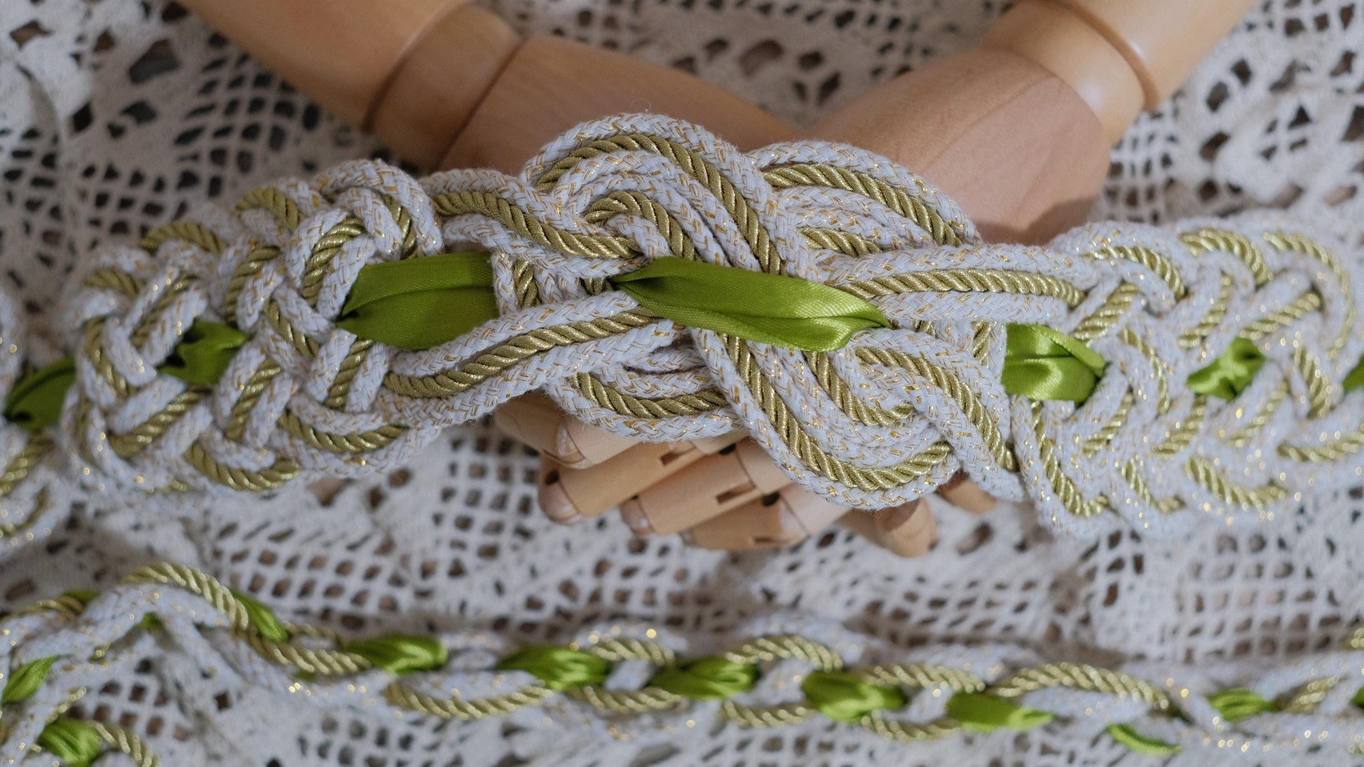 Custom braided Handfasting Cord: Sunlit Meadow with Satin Ribbon, Celtic Nine Knots – Customizable Colors