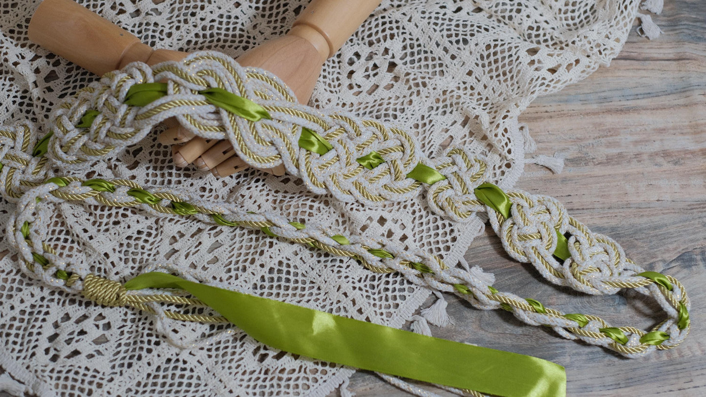 Custom braided Handfasting Cord: Sunlit Meadow with Satin Ribbon, Celtic Nine Knots – Customizable Colors