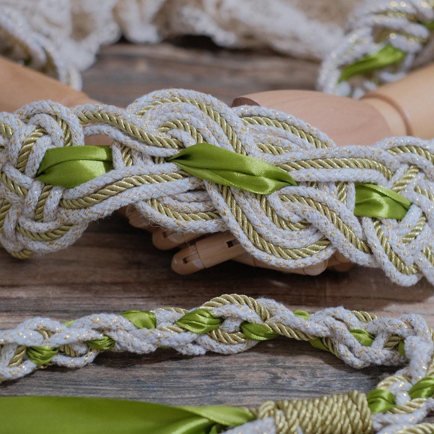 Custom braided Handfasting Cord: Sunlit Meadow with Satin Ribbon, Celtic Nine Knots – Customizable Colors