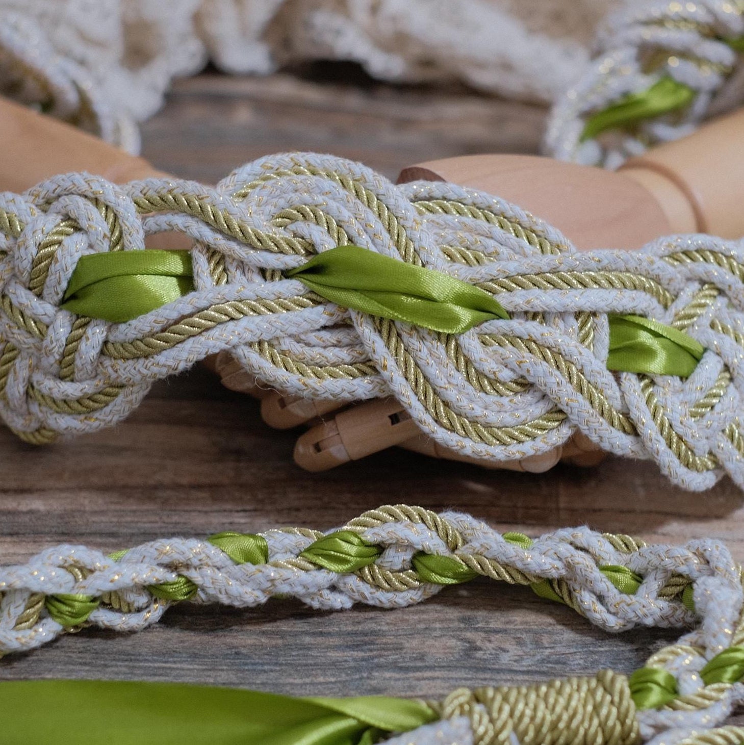 Custom braided Handfasting Cord: Sunlit Meadow with Satin Ribbon, Celtic Nine Knots – Customizable Colors