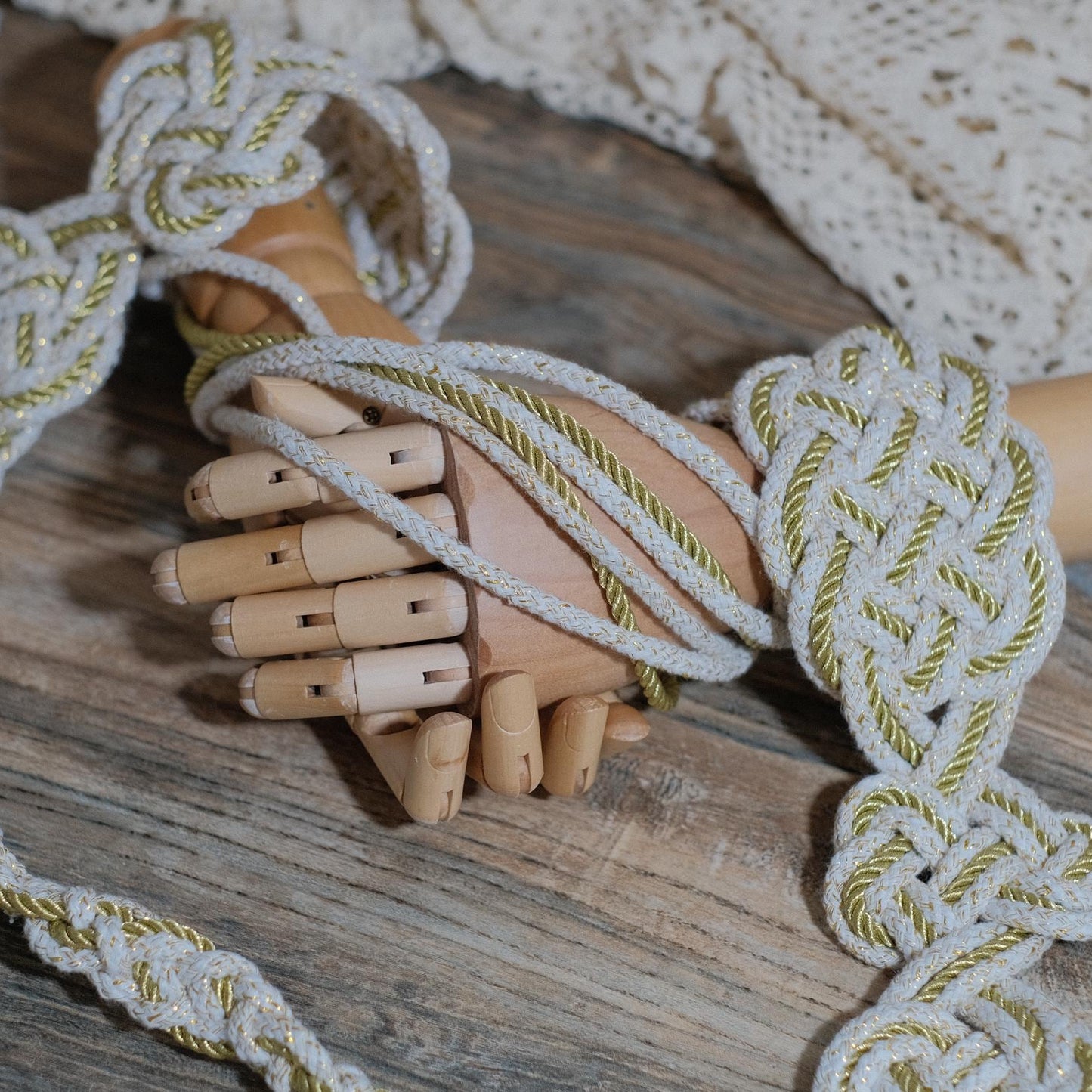 Custom braided Handfasting Cord: Open-Center Celtic Love Knot, Golden Horizon Ribbon – Customizable Colors