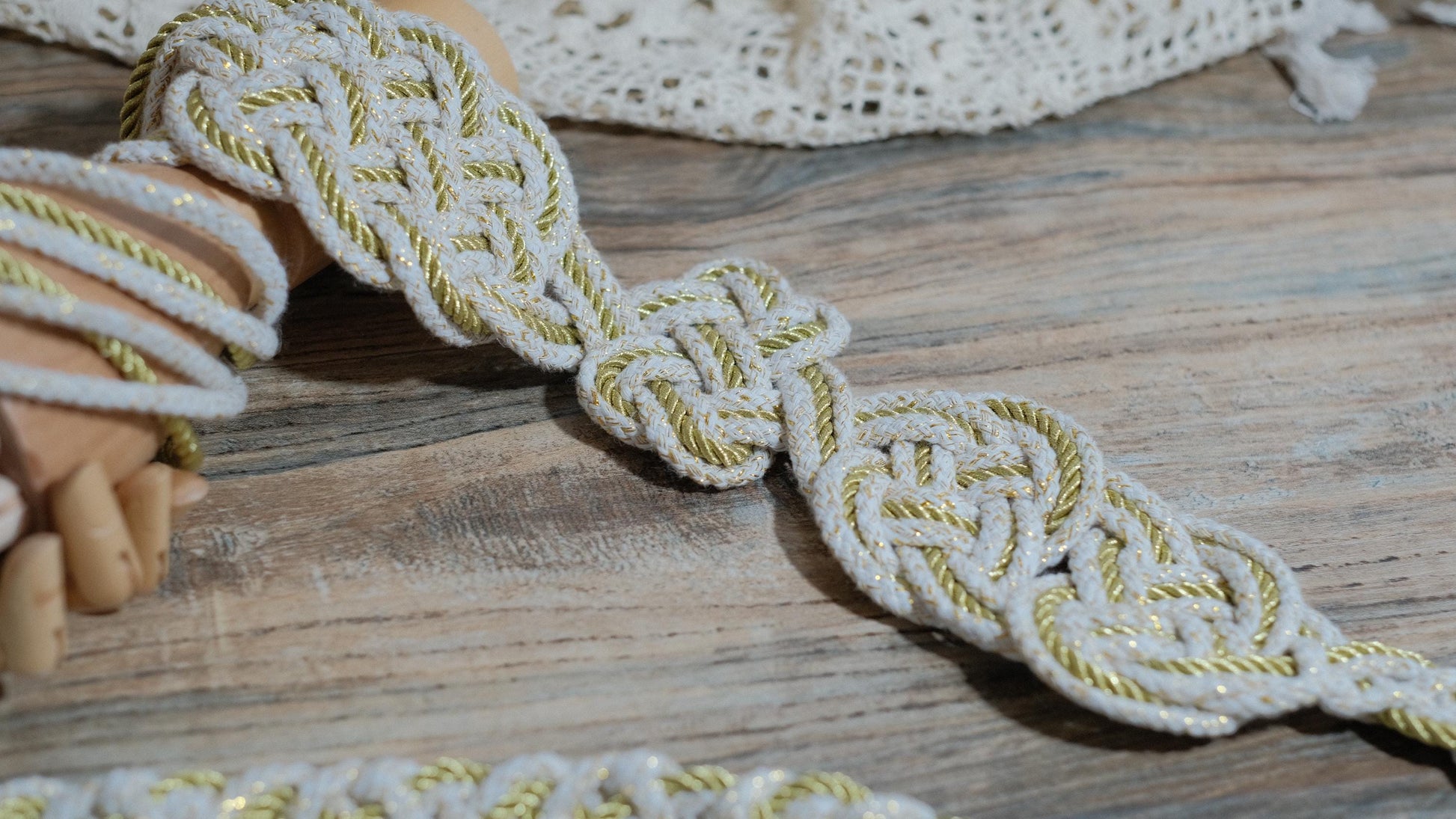 Custom braided Handfasting Cord: Open-Center Celtic Love Knot, Golden Horizon Ribbon – Customizable Colors