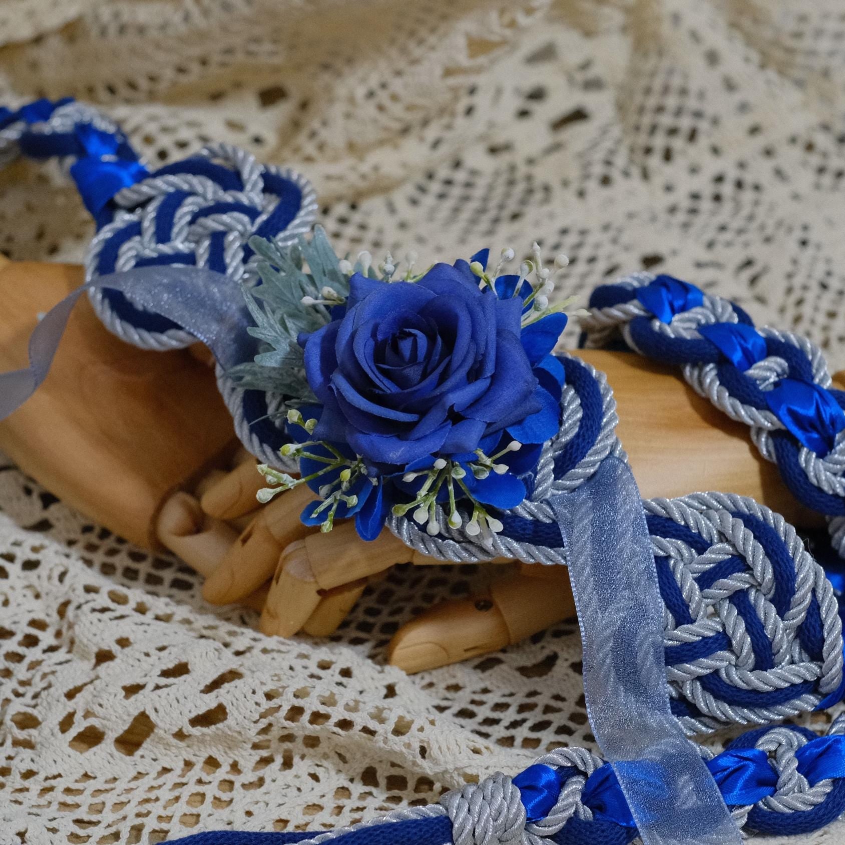 Custom braided Handfasting Cord: Royal Blue & Silver Cinderella Rose, Celtic Nine Knots – Customizable Colors