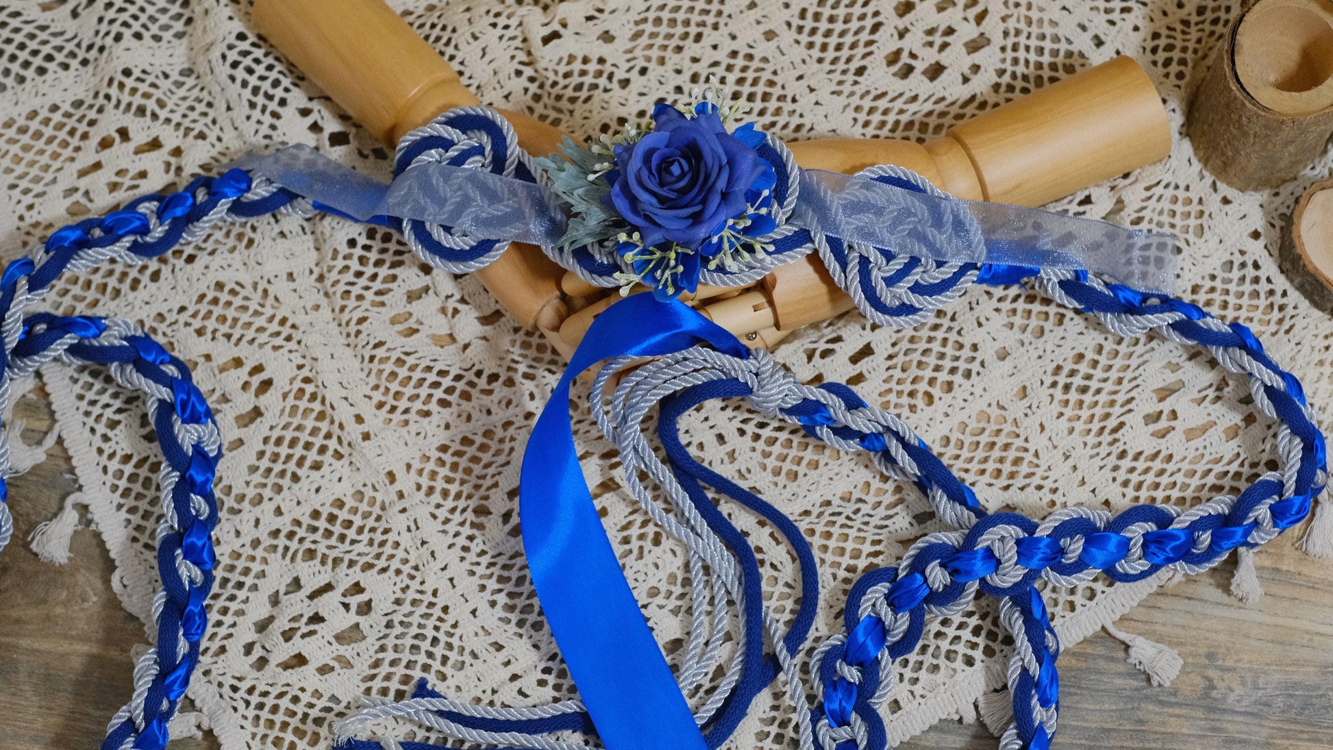 Custom braided Handfasting Cord: Royal Blue & Silver Cinderella Rose, Celtic Nine Knots – Customizable Colors