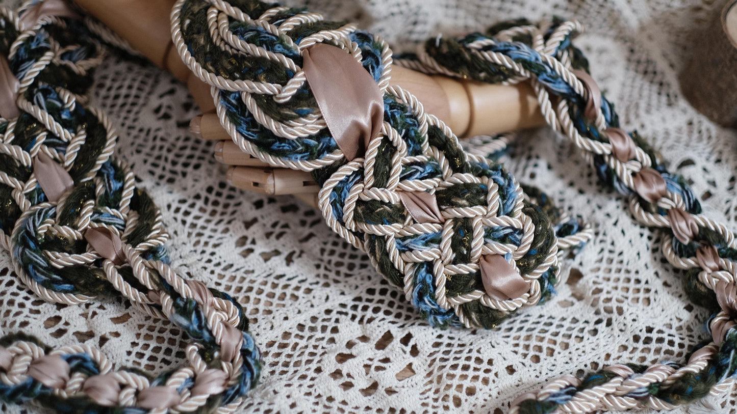 Custom braided Handfasting Cord: Green Blue Yarn & Light Gold Rope – Customizable Colors