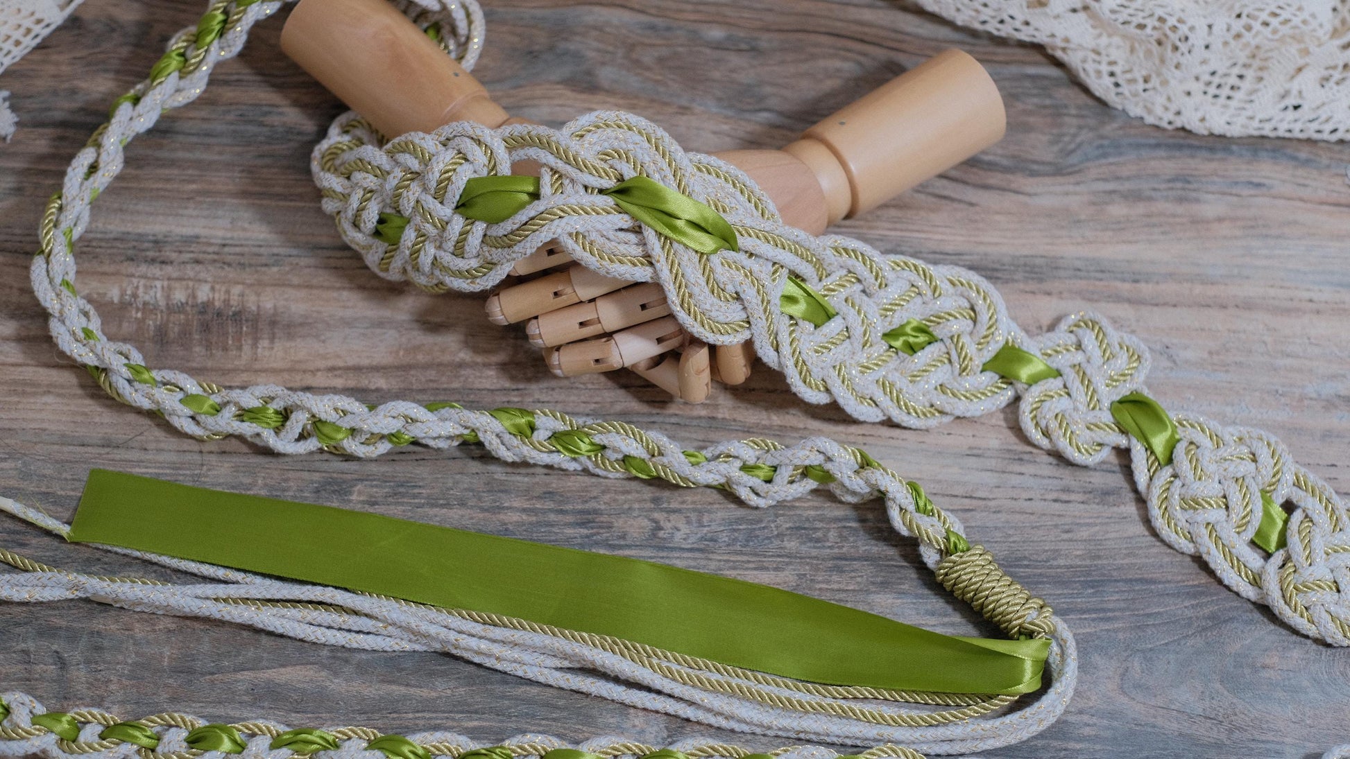 Custom braided Handfasting Cord: Sunlit Meadow with Satin Ribbon, Celtic Nine Knots – Customizable Colors