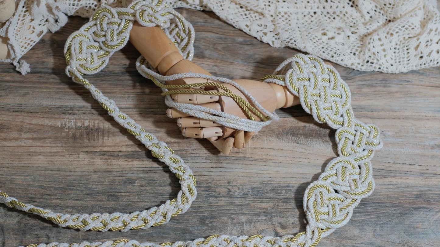 Custom braided Handfasting Cord: Open-Center Celtic Love Knot, Golden Horizon Ribbon – Customizable Colors