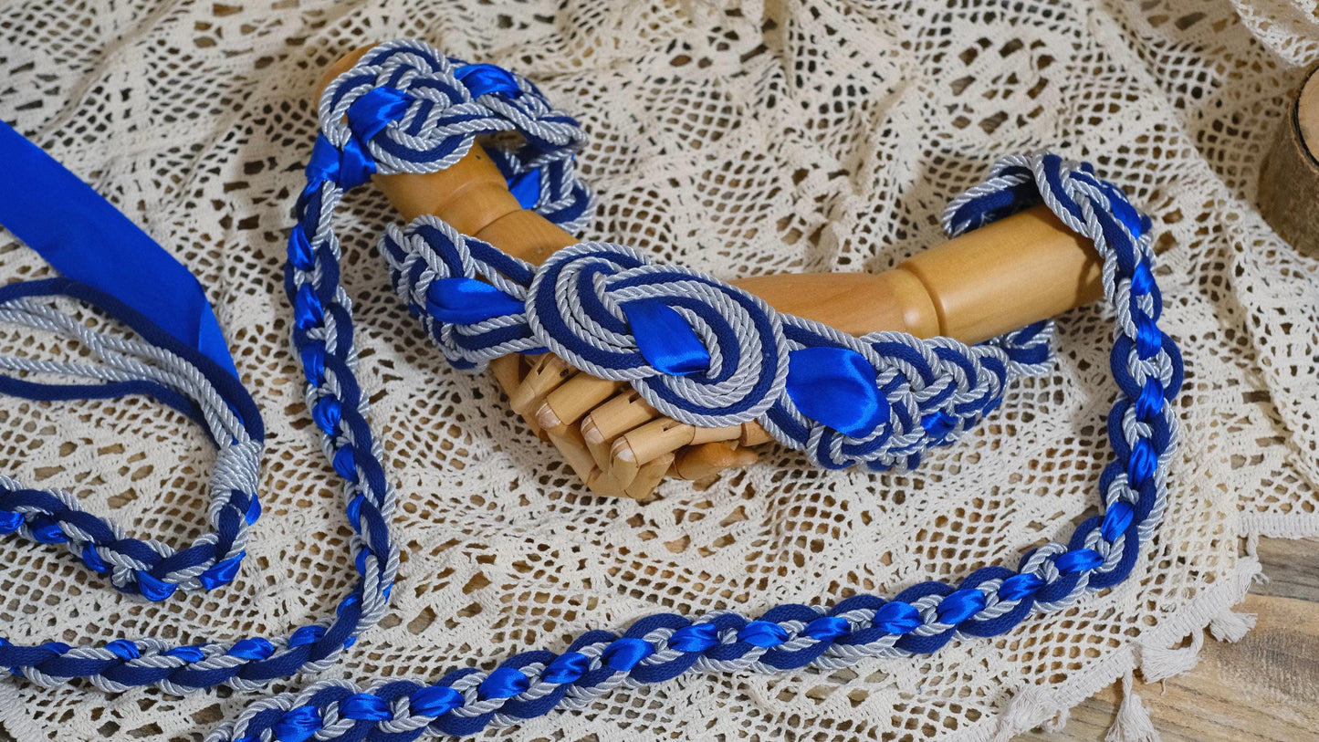 Custom braided Handfasting Cord: Royal Blue & Silver Unity Ribbon with Nine Knots – Customizable Colors