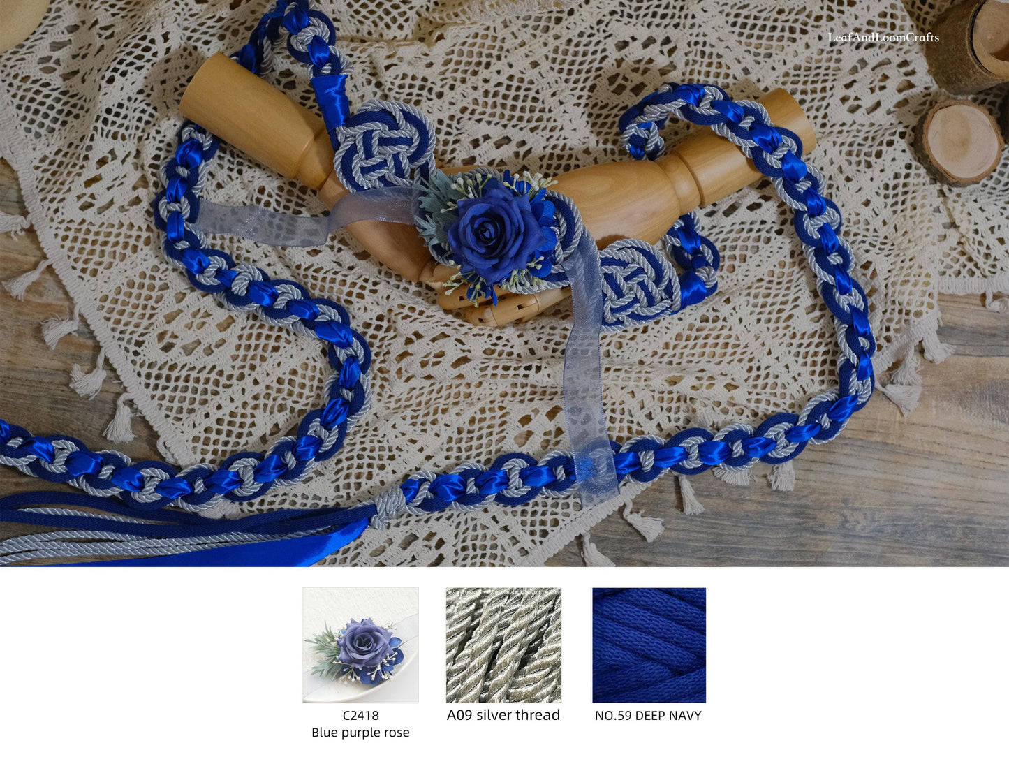 Custom braided Handfasting Cord: Royal Blue & Silver Cinderella Rose, Celtic Nine Knots – Customizable Colors