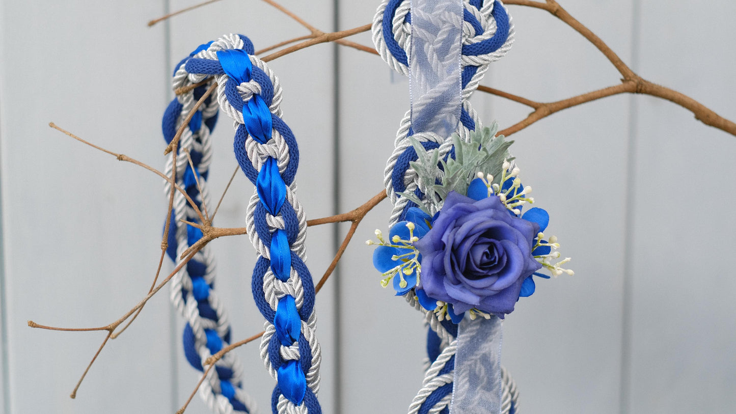 Custom braided Handfasting Cord: Royal Blue & Silver Cinderella Rose, Celtic Nine Knots – Customizable Colors