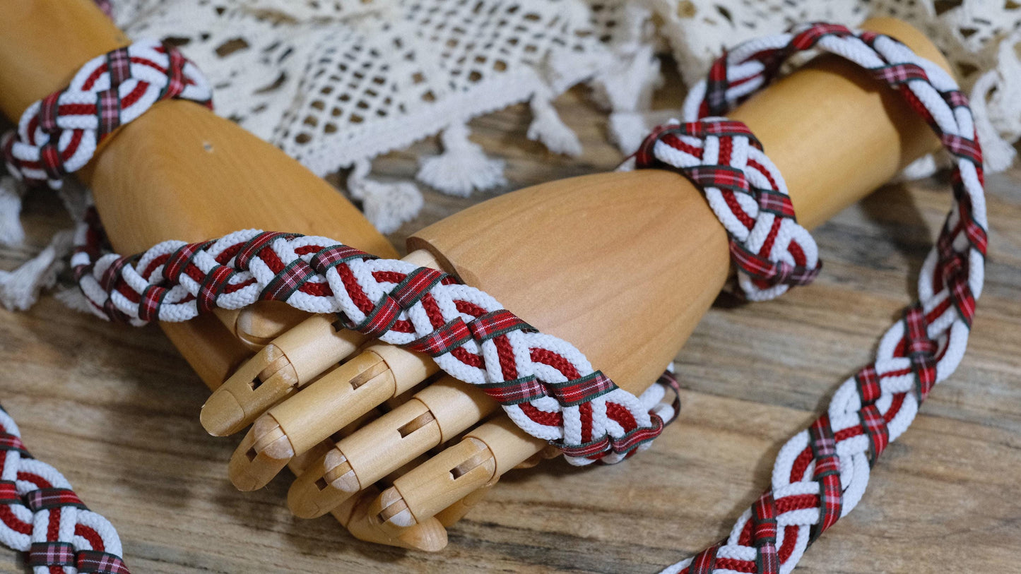 Custom braided Handfasting Cord: Scottish Tartan Plaid in Crimson Red and Ivory – Customizable Colors