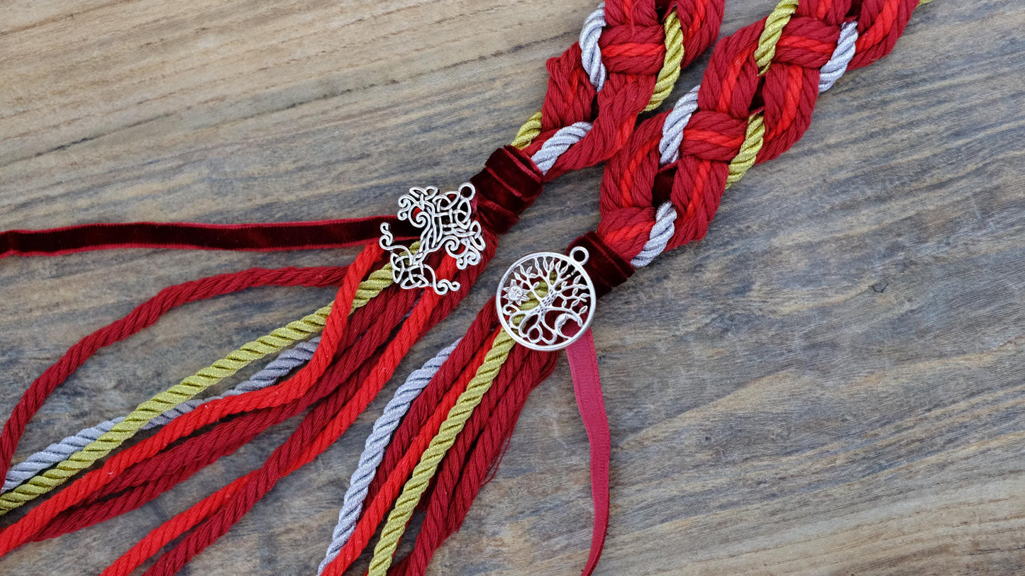 Custom braided Handfasting Cord: Deep Red & Gold Pagan Ceremony Ribbon – Customizable Colors