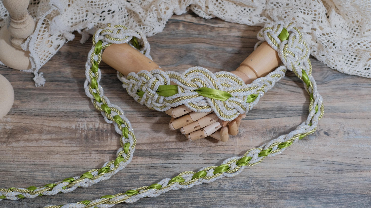Custom braided Handfasting Cord: Sunlit Meadow with Satin Ribbon, Celtic Nine Knots – Customizable Colors