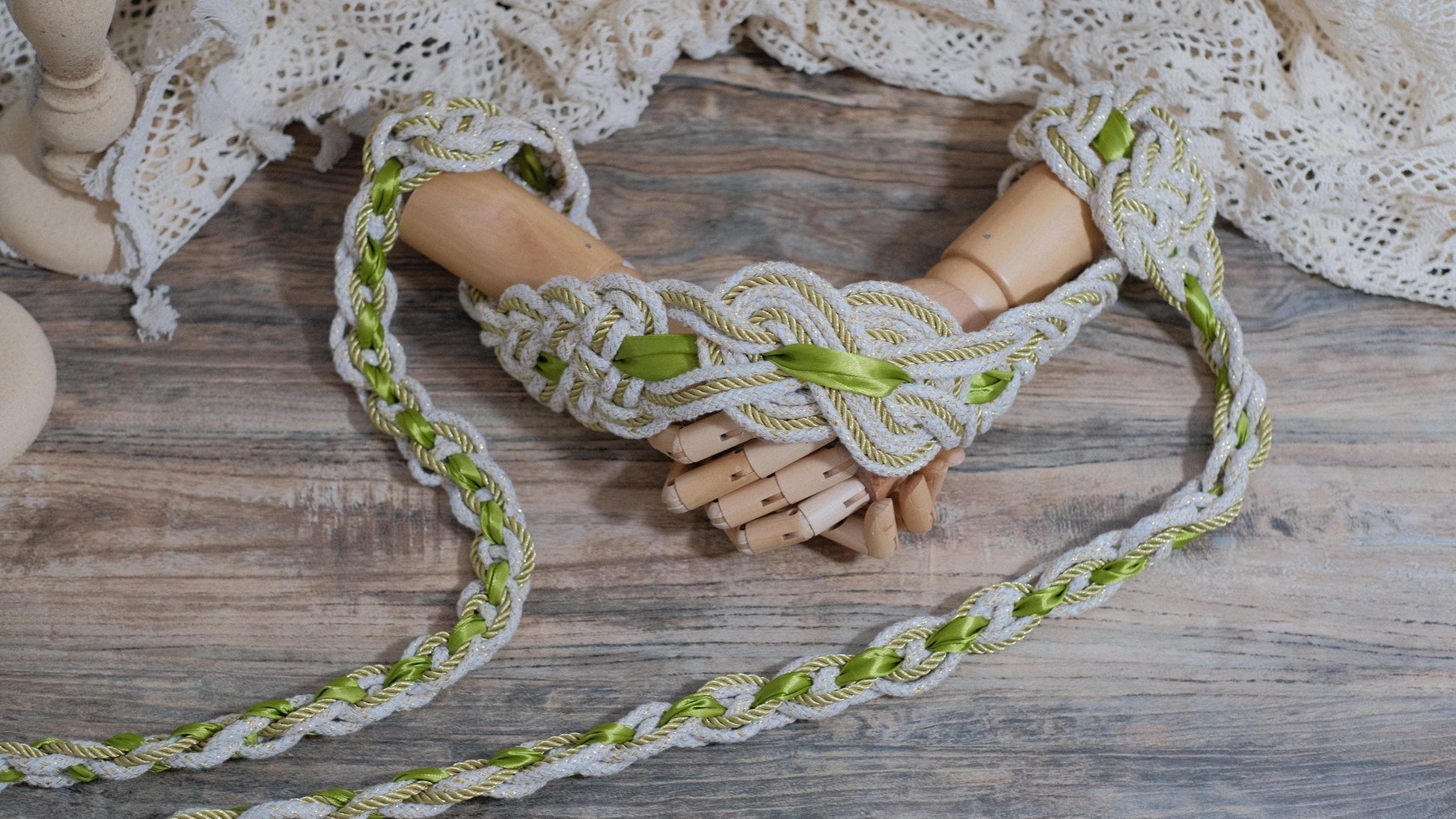 Custom braided Handfasting Cord: Sunlit Meadow with Satin Ribbon, Celtic Nine Knots – Customizable Colors