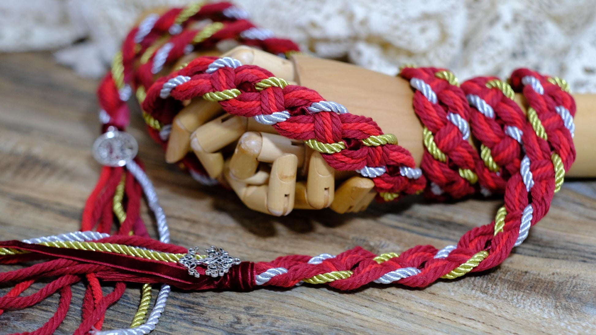 Pre-made Hand braided Handfasting Cord: Red and Gold Ceremony Ribbon