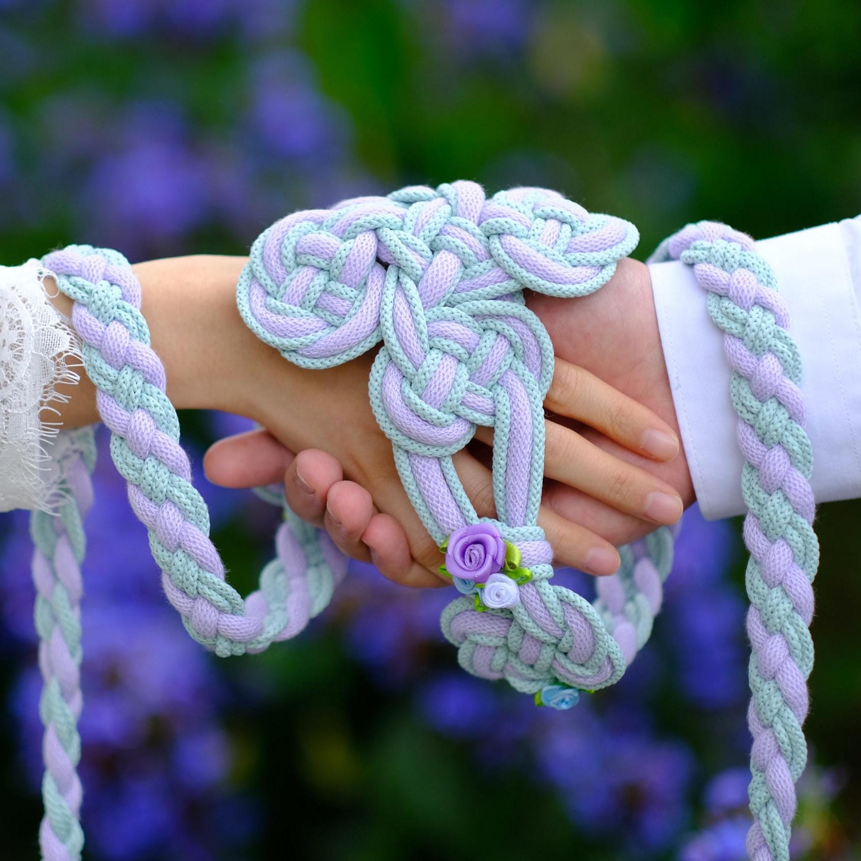 Customizable Petal Knot Handfasting Cord, Lavender & Satin Floral Accents, Celtic Wedding Ceremony Unity Tie