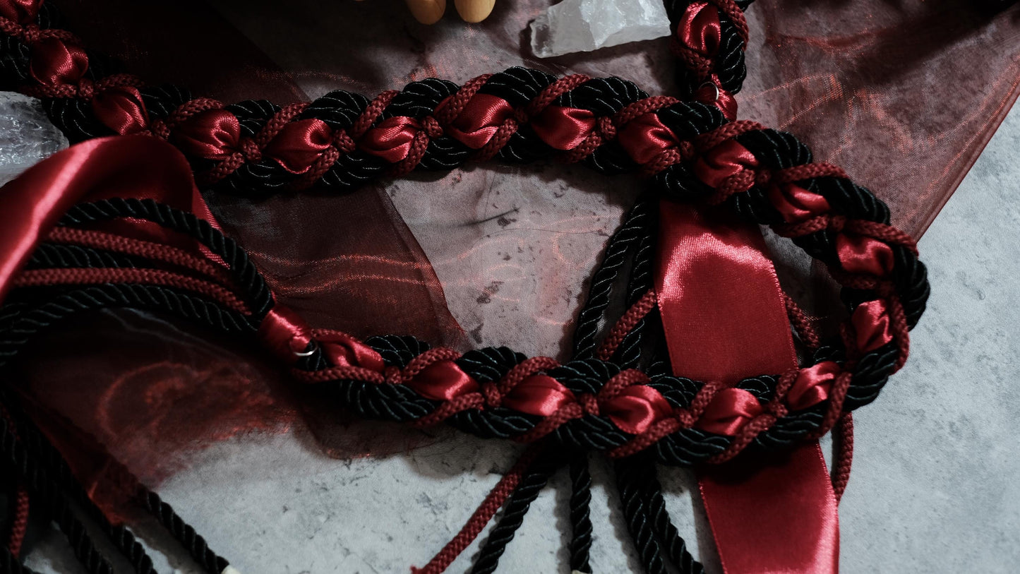 Custom braided Handfasting Cord: Gothic Black & Red with Roses Celtic Love Knot – Customizable Colors
