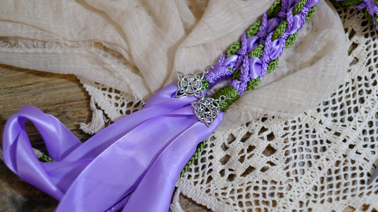 Custom Shimmer Handfasting Cord: Meadow Green, Lavender Bloom, Fairy Floral Accents