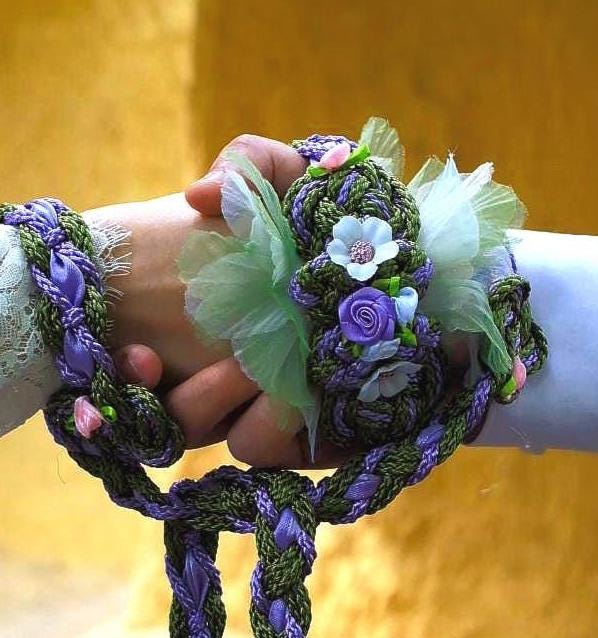 Custom Shimmer Handfasting Cord: Meadow Green, Lavender Bloom, Fairy Floral Accents