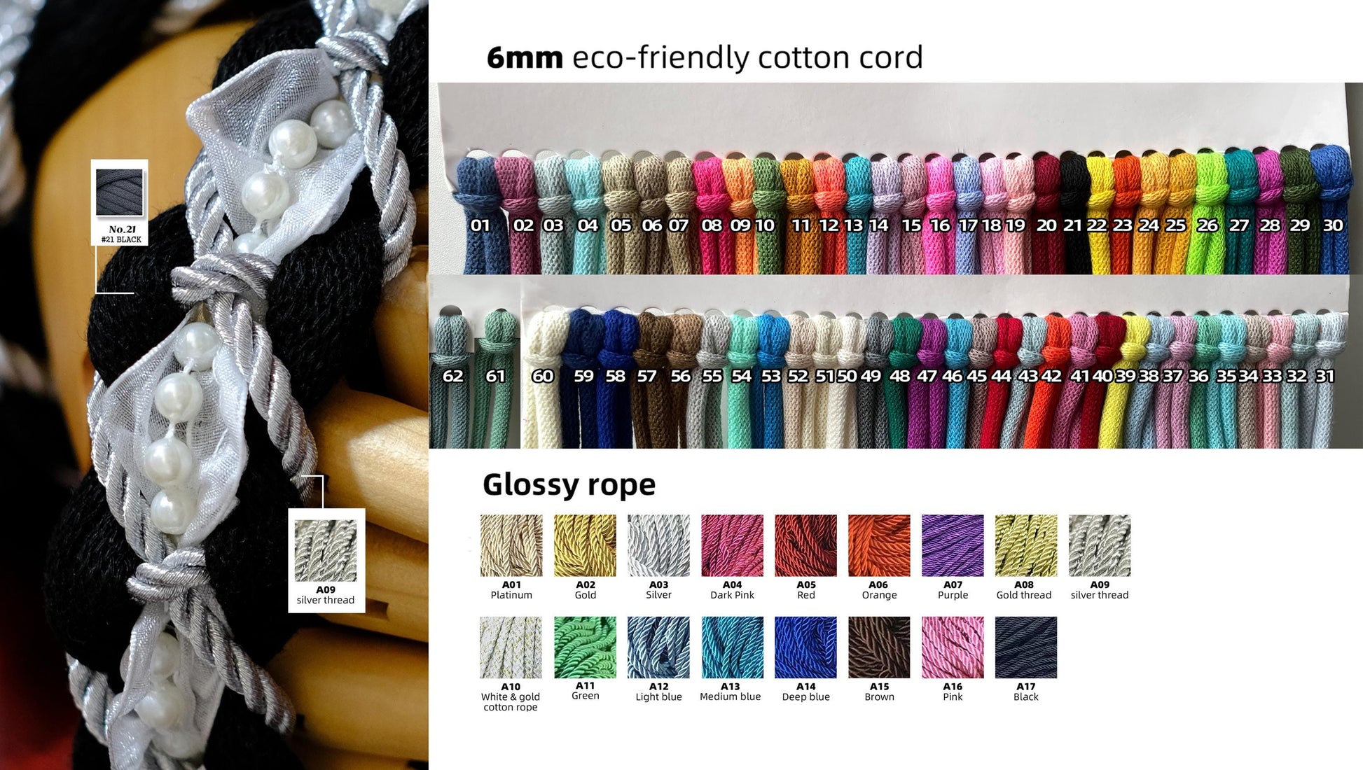 Custom braided Handfasting Cord: Black cord White Lace with Pearls Accents – Customizable Colors