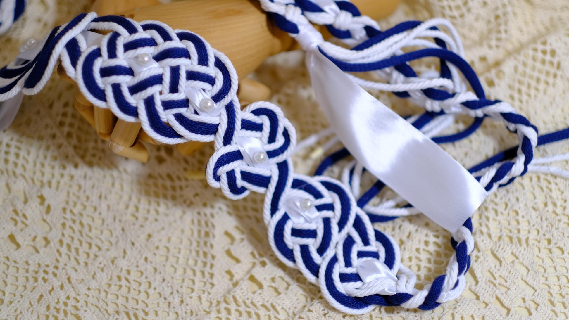 Pre-made Hand Braided Handfasting Cord: Navy and White with Celtic Nine Knots, Pearls
