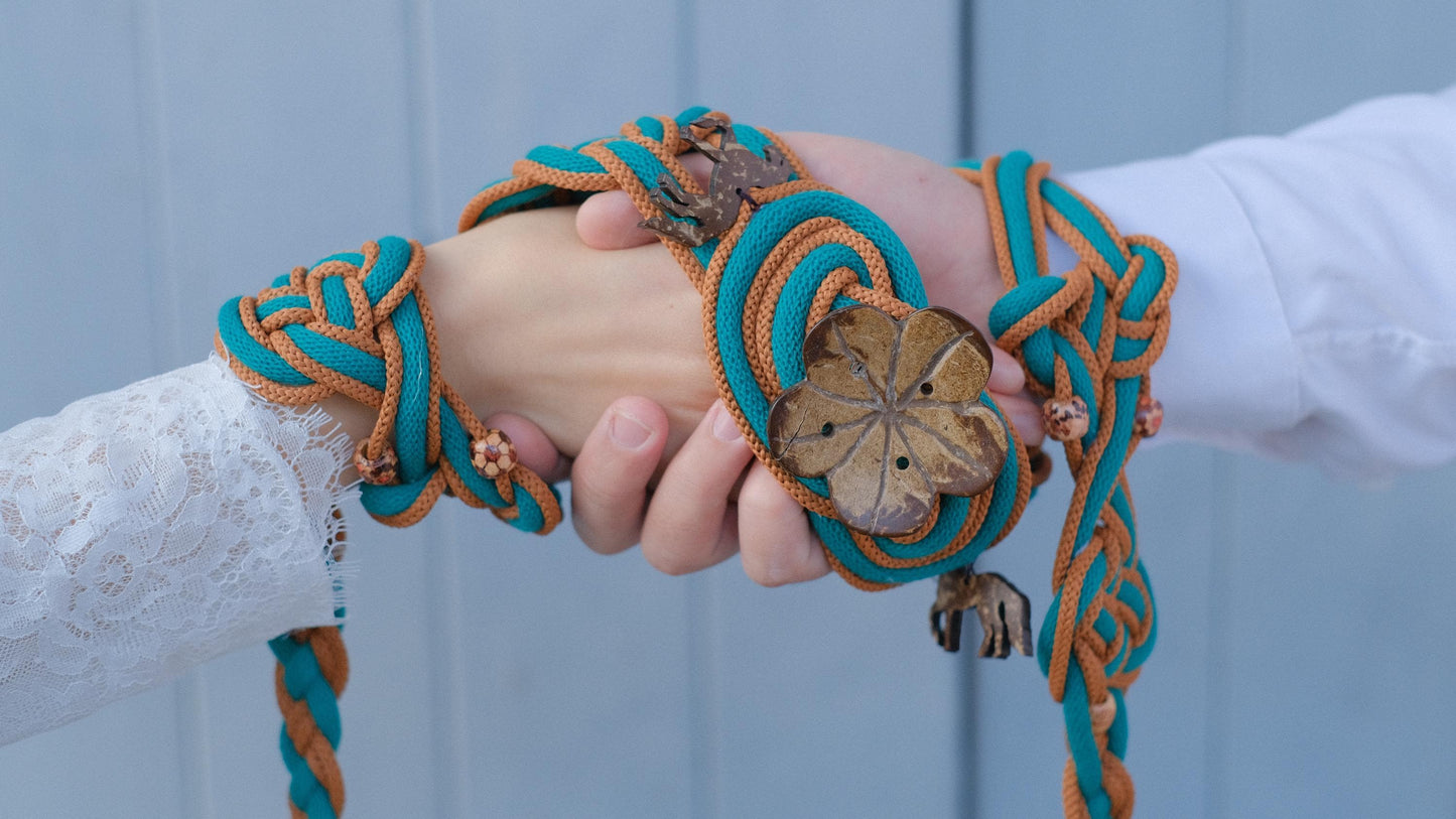 Pre-made Hand Braided Handfasting Cord: Teal & Brown Wooden Accents with Celtic Nine Knots