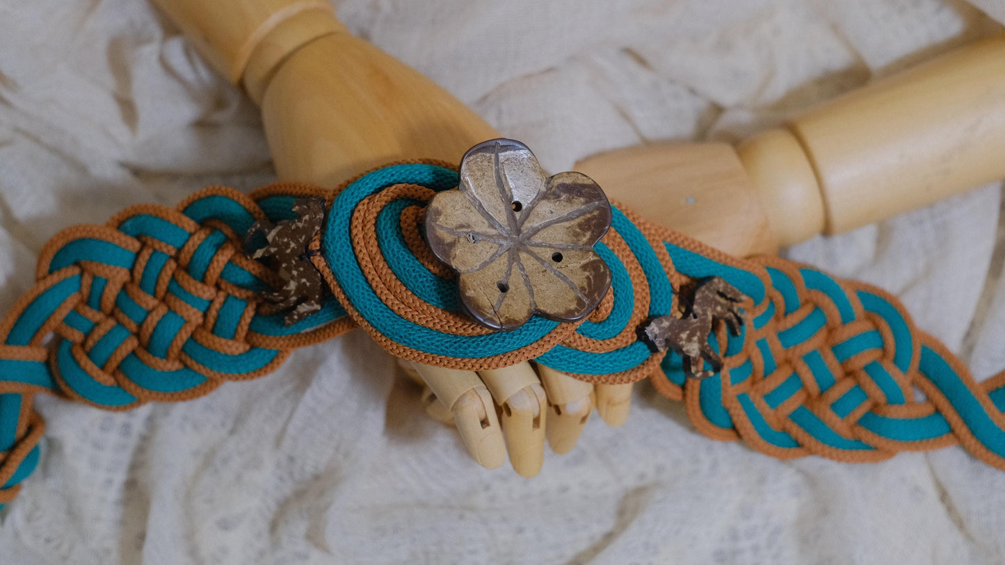 Pre-made Hand Braided Handfasting Cord: Teal & Brown Wooden Accents with Celtic Nine Knots