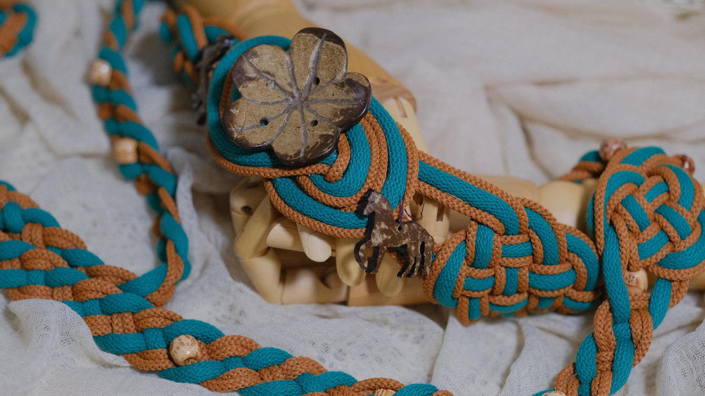 Pre-made Hand Braided Handfasting Cord: Teal & Brown Wooden Accents with Celtic Nine Knots