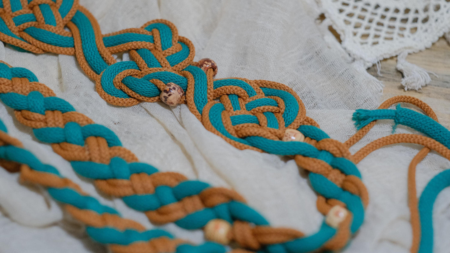 Pre-made Hand Braided Handfasting Cord: Teal & Brown Wooden Accents with Celtic Nine Knots